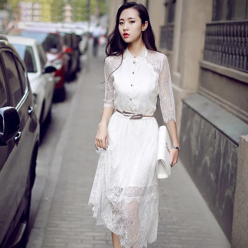 Белое кружевное платье рубашка Корейская Элегантная туника средней длины