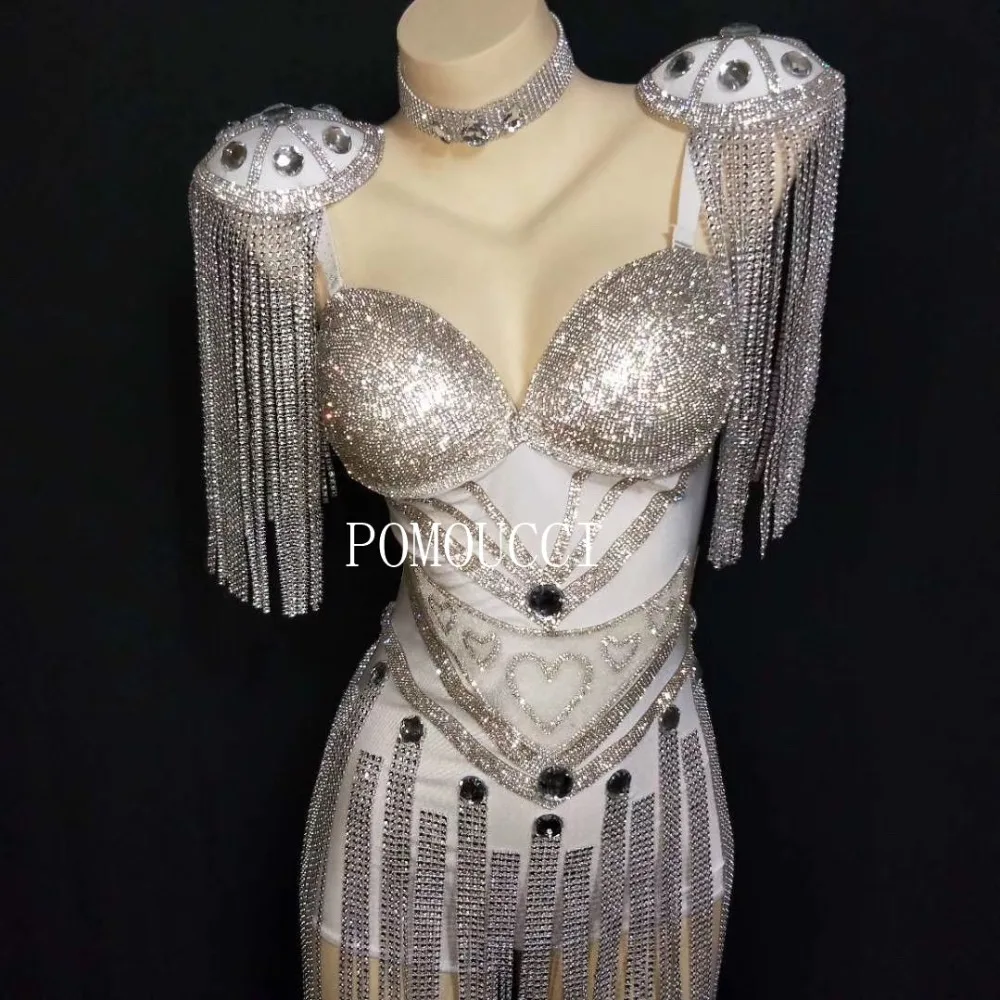 Women New Black White Crystals Epaulet Sexy Bodysuit Sparkly Tassel Outfit Women Celebrate Costume Stage Party Singer Dance Wear