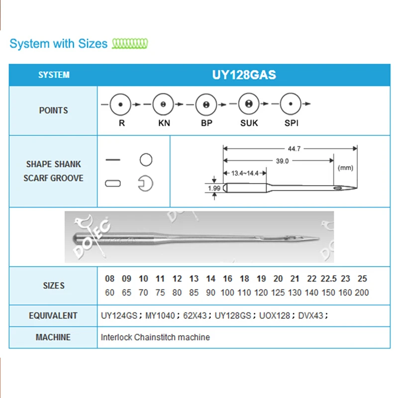 

10pcs Dotec sewing needles UY128GAS UY124GS MY1040 DVX43 UOX128 UY128GS for interlock chainstitch sewing machine free shipping