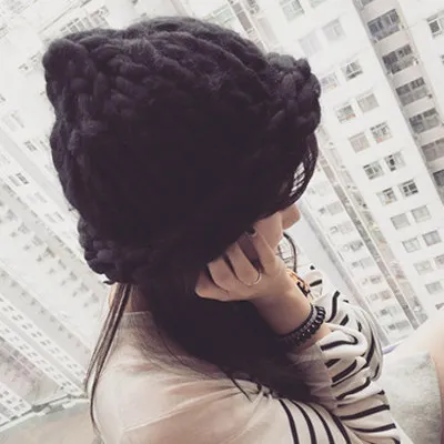 Женская модная Зимняя шерстяная шапка, грубые линии, уличная теплая шапка, вязаная шапка, многоцветная на выбор, модная шапка для девушек - Цвет: Черный