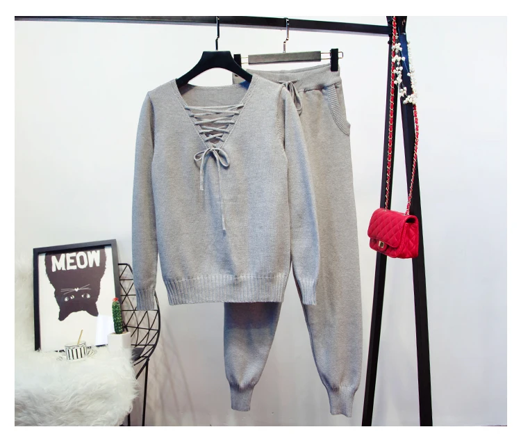 ALPHALMODA, женские зимние вязаные костюмы, шнуровка, v-образный вырез, длинный рукав, свитер+ трикотажные брюки-карандаш, женские повседневные комплекты из 2 предметов - Color: Gray