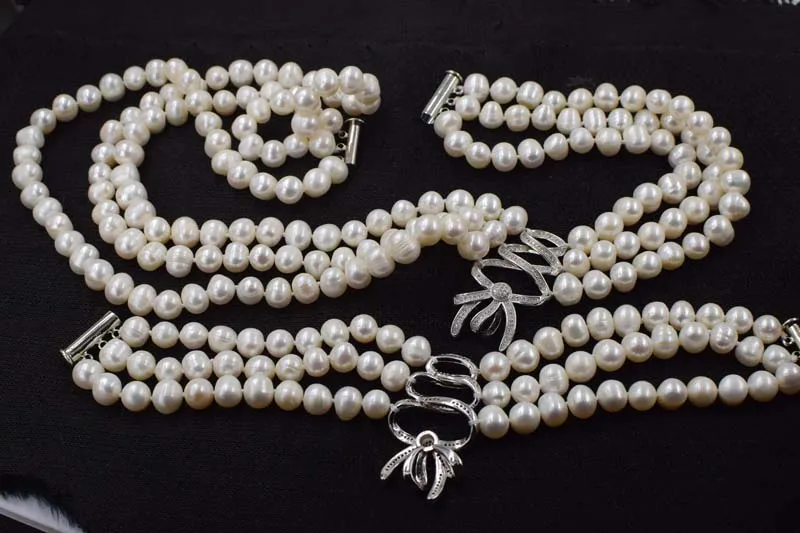 

3rows freshwater pearl white round 8-9mm necklace bracelet 18-20inch wholesale beads nature gift discount FPPJ