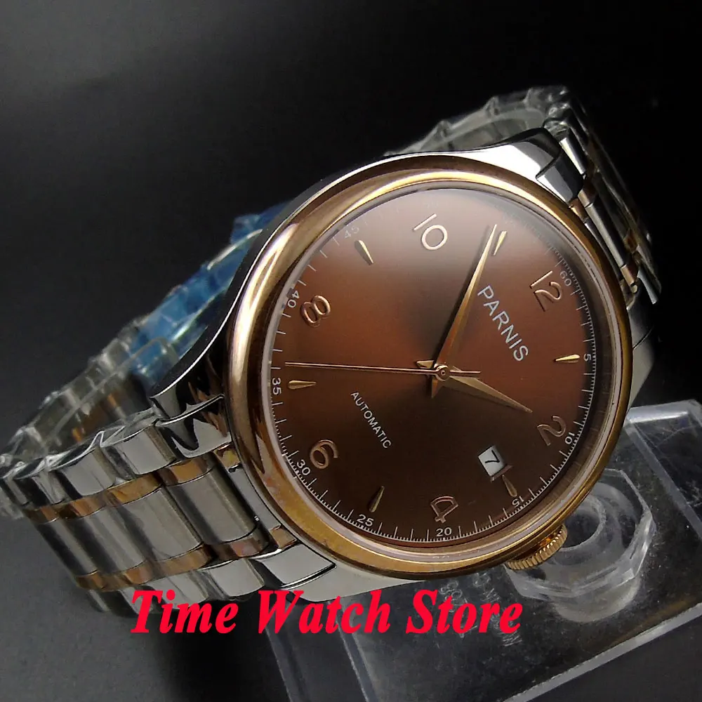 Мужские часы Parnis 38 мм с коричневым циферблатом и датой светящийся Золотой чехол