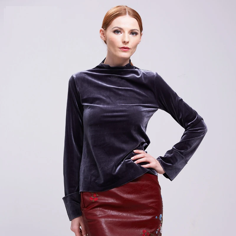 Junelove 2019 spring stand collar long sleeve bling velvet pullover Shirt metallic color blouse shirt women blusas | Женская одежда