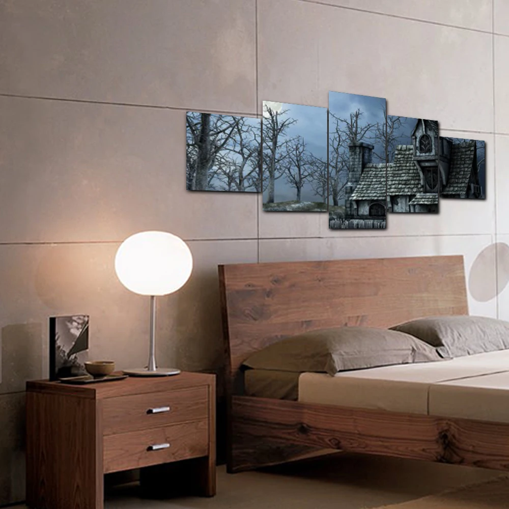 5 панельный Ночной пейзаж деревья дом винтажная стена Artworkwork Холст Картина маслом