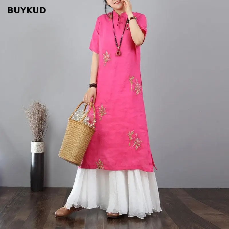 BUYKUD 2018 Новый стенд воротник Изделие из хлопка с короткими рукавами льняные