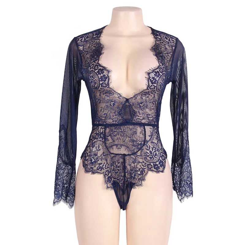 

Hot Lingerie Sexy Hot Erotic Plus Size Lace Long Sleeve Teddy V Neck Lingerie Sexy Hot Erotic Transparent Teddies Bodysuits