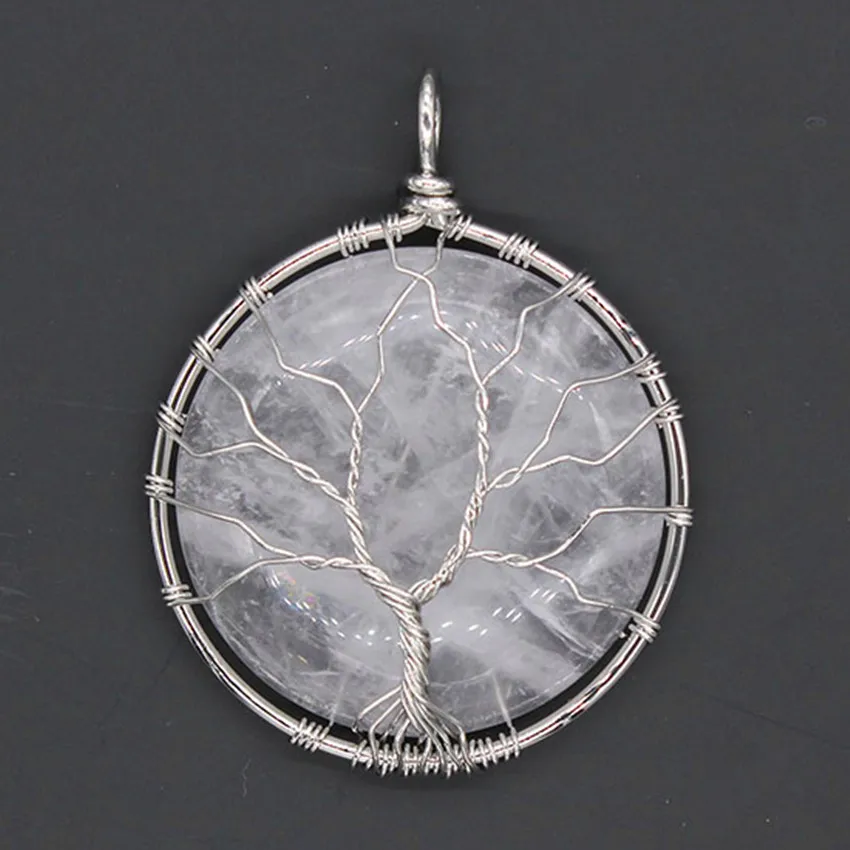 

100-Unique Ethnic Style 1 Pcs Silver Plated Wire Wrap Round Natural Rock Crystal Pendant Tree of Life Jewelry