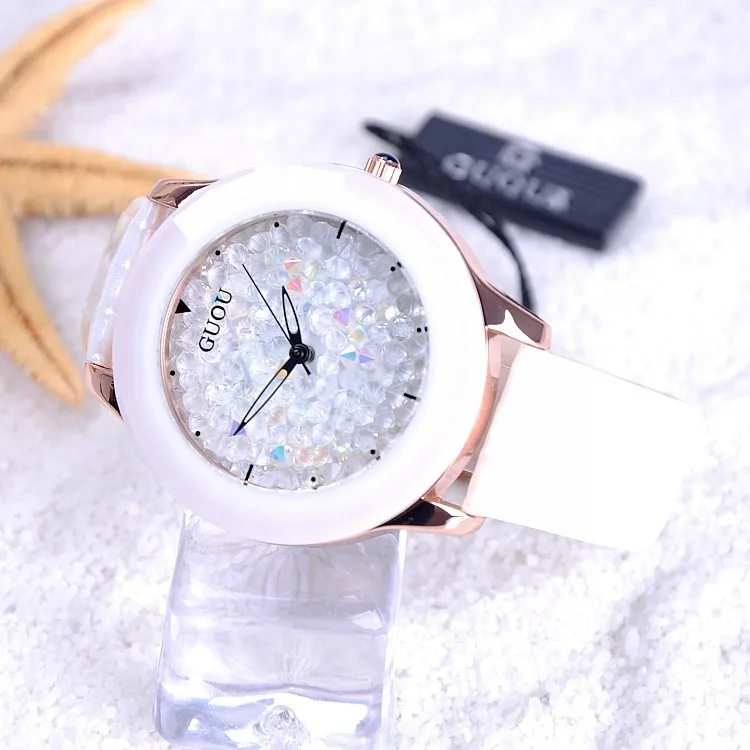 GUOU, Новое поступление, Relojes Hongkong, Брендовые женские часы, стразы, Кристалл, керамика, кожаный ремешок, ЖЕНСКИЕ НАРЯДНЫЕ часы, горячая Распродажа, relojes