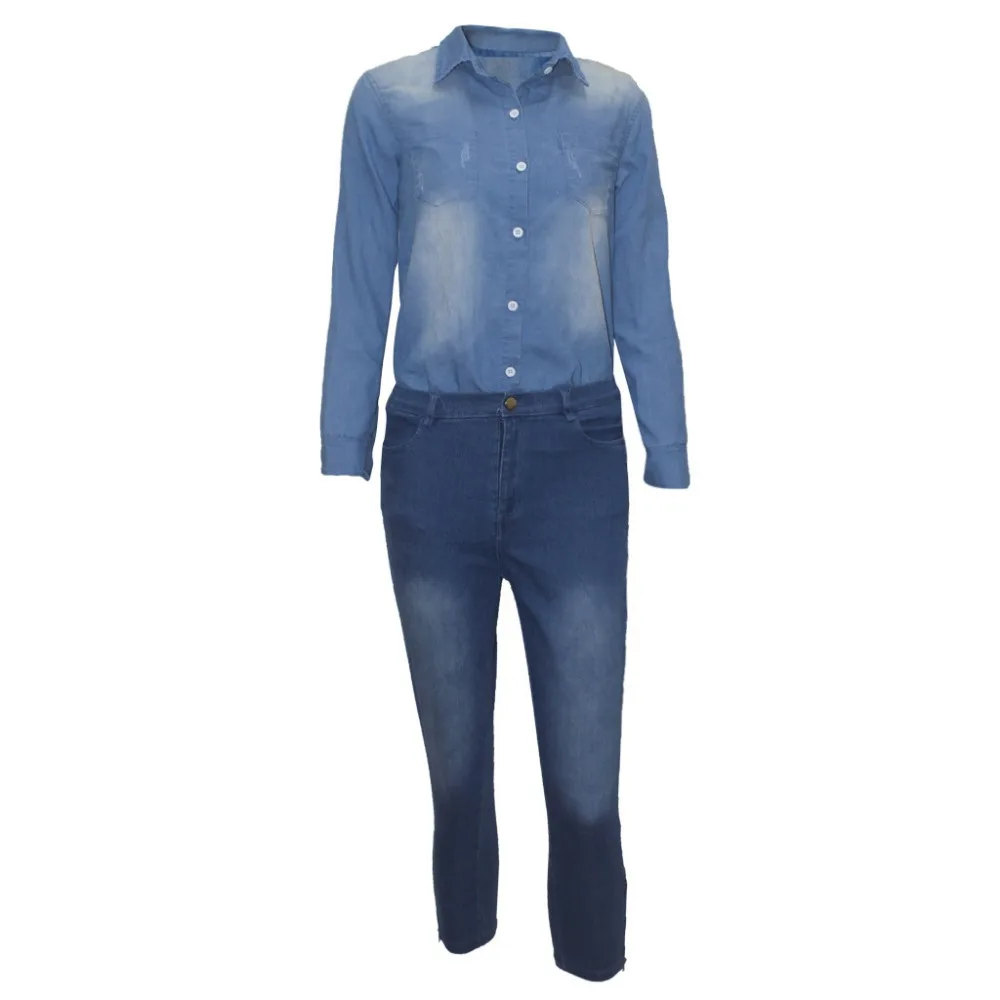 Повседневное комплект из 2 частей джинсовые комбинезон женщин длинный рукав с