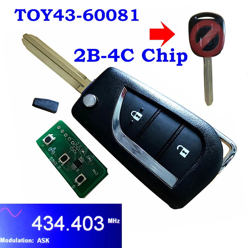 60081 Для Toyota Avensis Prado 120 RAV4 Kluger 2 кнопки обновлен флип дистанционный ключ-брелок от машины 433 МГц 304.2Mh 4D67 4C чип 50171 60030 60081 - Количество кнопок: 60081