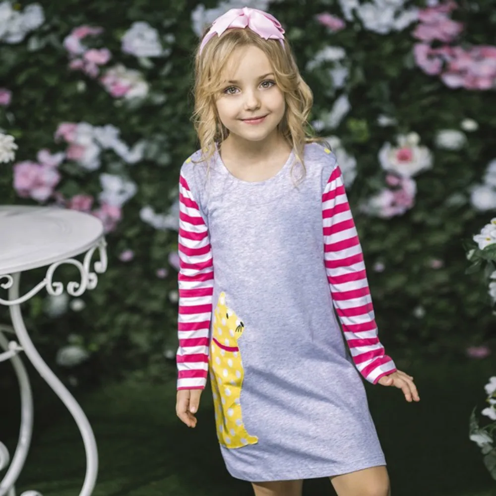 2-7 Years Little Girls Dresses Animals Appliques Pattern Long Sleeve Spring Autumn Clothes Kids Girl Stripe A Line Dress | Детская