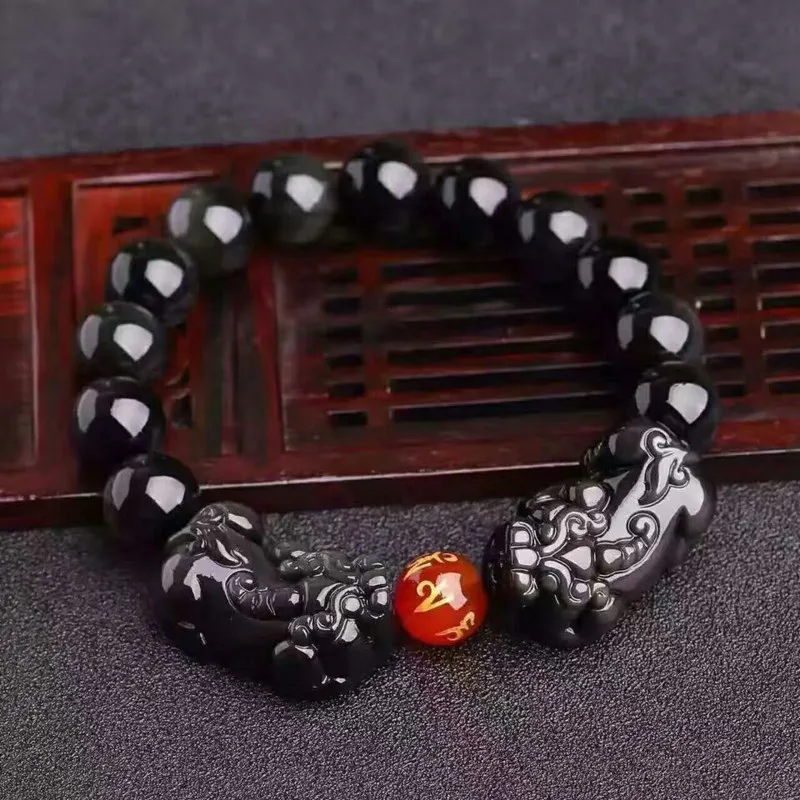 

Natural Rainbow Eye Obsidian PiXiu Bracelet 6 Words Buddhist Prayer Brave Troops Stone Beaded Bangle Bracelets Dropship Jewelry