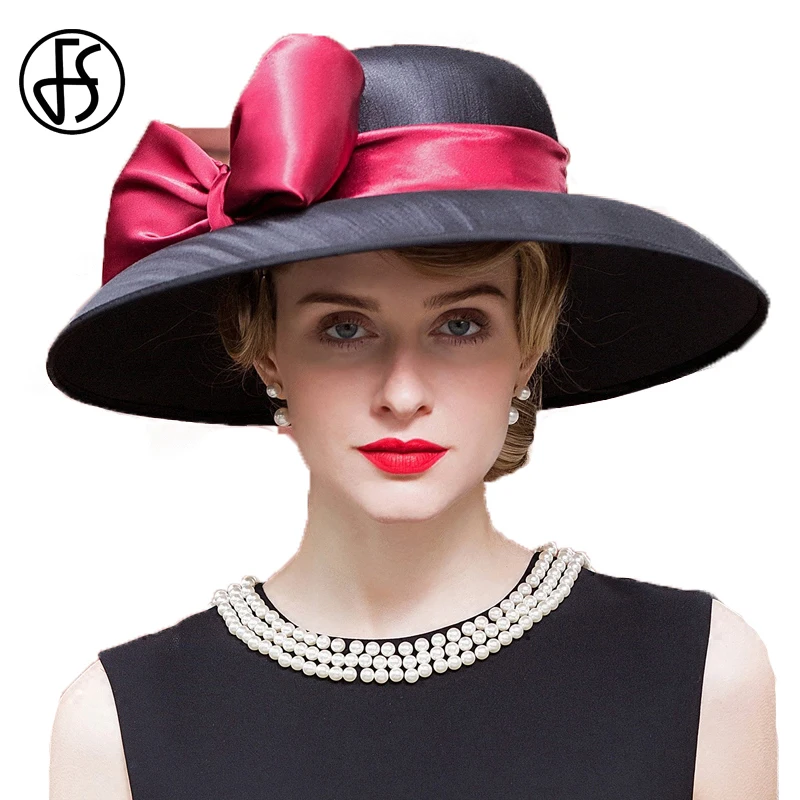 FS Royal Fedora Hat Ladies Wedding Dress Church Hats Women Elegant Big Bowknot Wide Brim Black Khaki Female Derby Cap