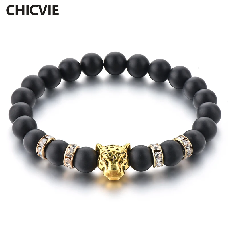 

CHICVIE Gold Leopard Head Charm Bracelet Bangles Black Onyx Natural Stone Bead Braided Men Women Bracelet Dropshipping SBR180018