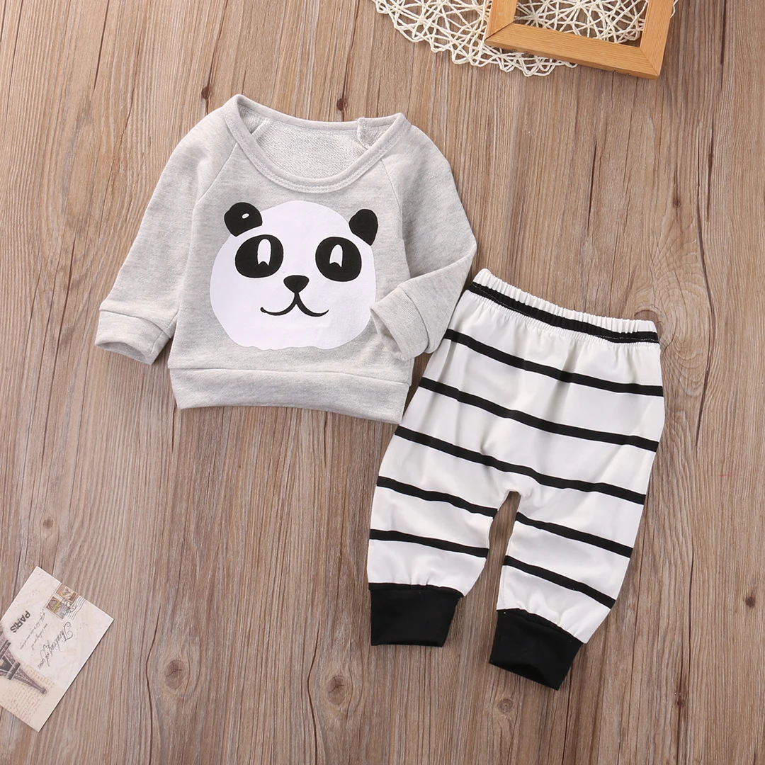 2Pcs Cute Newborn Infant Baby Boy Girl Panda Long Sleeve T-shirt Striped Pants Outfit Clothes Set | Детская одежда и обувь