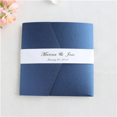navy blue Синие свадебные открытки Пригласительные свадебные открытки с конвертом RSVP лента для живота печать на заказ 50 шт - Цвет: navy blue