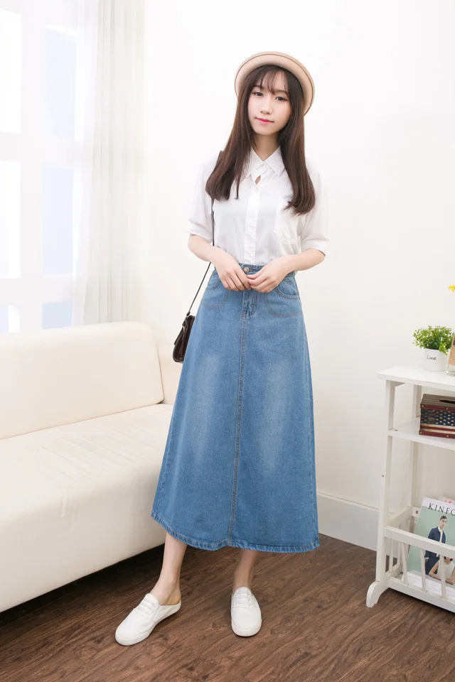 Women Lady Denim Skirt High Waist Long Big Swing Slim Elegant Pocket Blue | Женская одежда