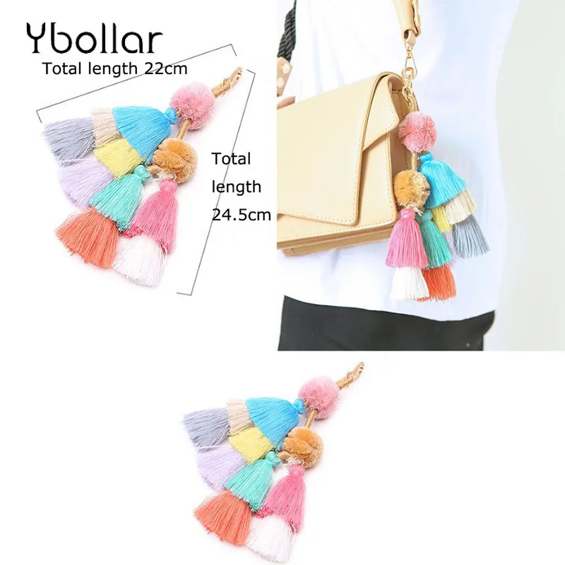 Colorful Bohemian Pompons Layered Tassel Bag Pendant Hanging Decoration Key Chain Fashion Ring Jewelry Women Gift | Украшения и