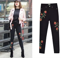 chinese style flower embroidery high waisted black denim penicl pants fashion womens slim fit ninth jeans