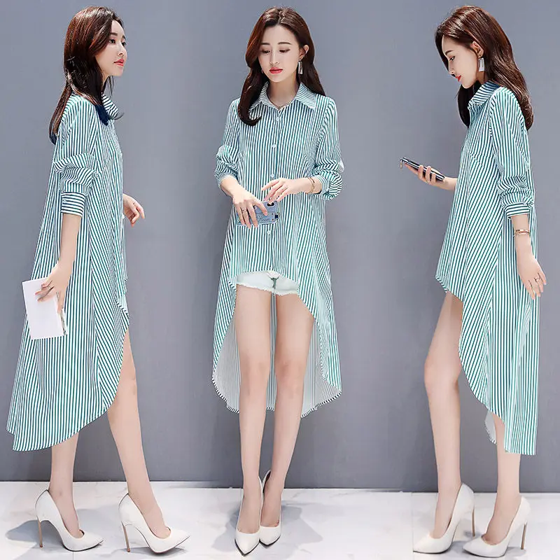 

2020 New Summer Shirt and Blouse Women Front Short Back Long Loose Striped Shirt Cardigan Thin Coat Sun Protection Clothing f985