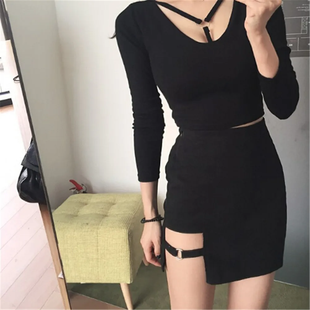 Сексуальные женские мини юбки ассиметричные черного цвета с высокой талией