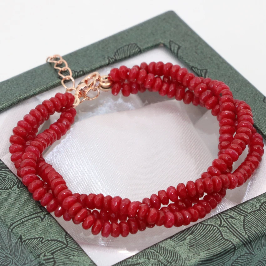 Wholesale price 3 rows rose gold-color clasp red jades chalcedony abacus faceted 2*4mm multilayer bracelet jewelry 7.5inch B2783 | Украшения