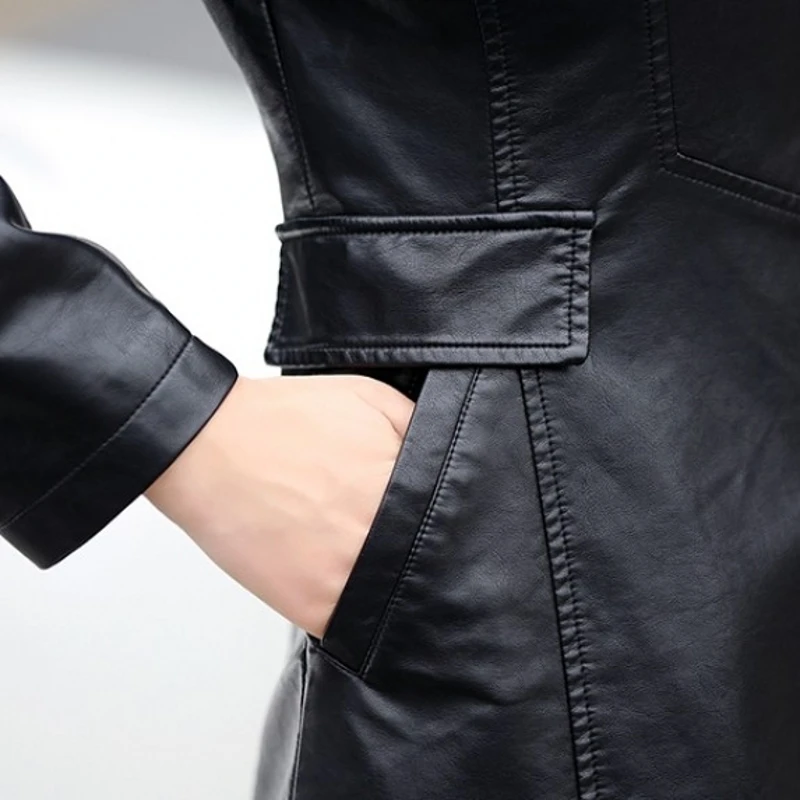 

Spring Autumn Plus Size 5XL Green Leather Trench Jackets Korean Slim Thick Warm Women Leather Long Coats Zipper Outerwear 2020