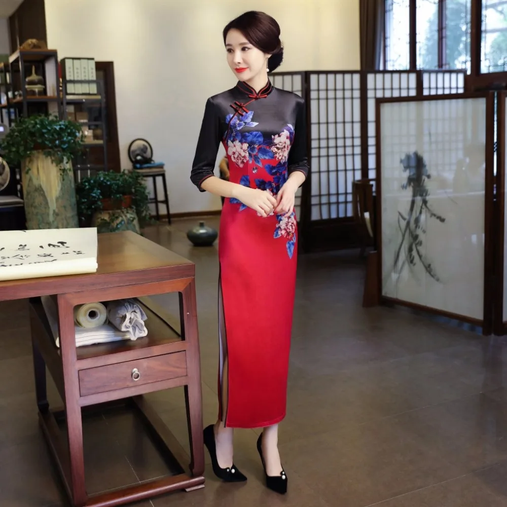 Fengmeisi Для женщин Cheongsam Длинные Qipao китайское традиционное платье Oriental печати