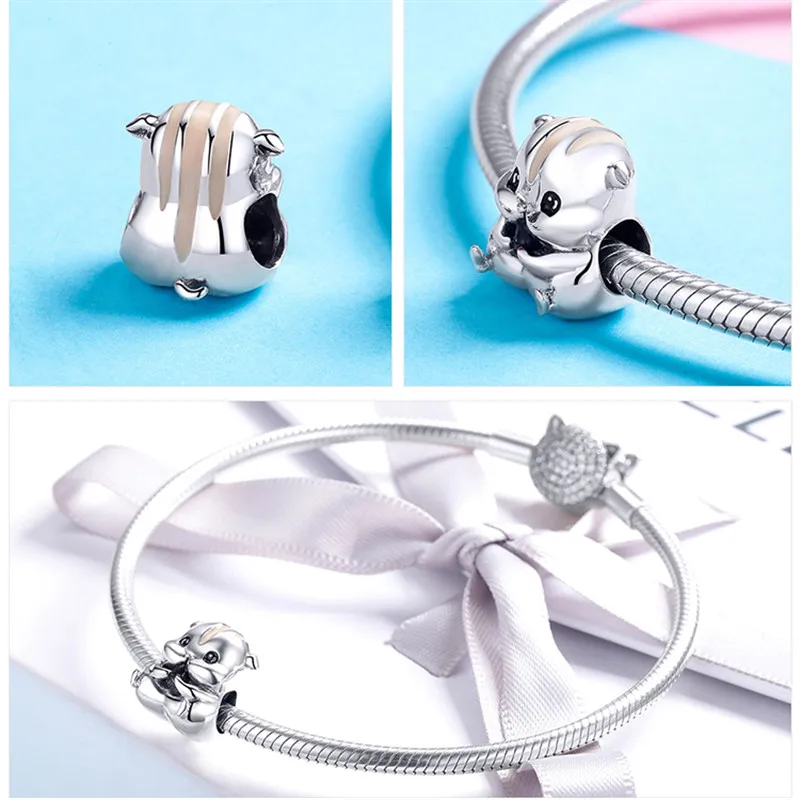 Fit Pandora браслет милый маленький хомячок Подвески стерлингового серебра 925 детские животные медведь бусины и Ожерелье Подвеска серебряные ювелирные изделия