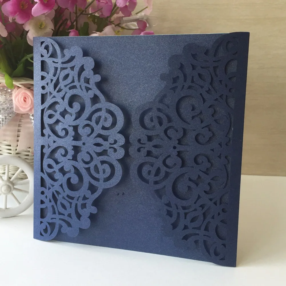 

35pcs Pearl Paper Craft laser cut Birthday Party wedding invitation card width 13.5cm, height 18.3cm, deep blue navy color