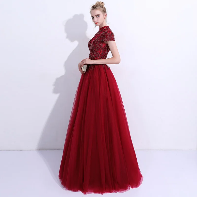 SSYFashion New Huxury Beading Long Prom Dress Elegant Wine Red High-neck Floor-length Evening Party Formal Gown Robe De Soiree | Свадьбы и