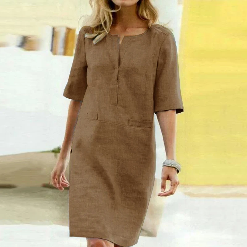Dark Khaki Элегантное платье-рубашка Женский Летний Сарафан ZANZEA женский жакет Vestidos Женские повседневные свободные платья с коротким рукавом плюс размер - Цвет: Dark Khaki