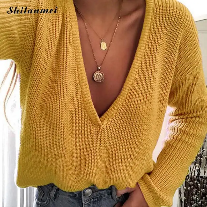 Deep V Neck Sexy Knitted Sweaters And Pullovers Women Autumn Winter Long Sleeve Solid Pink Yellow Blue Pull Femme Causal Sweater | Женская