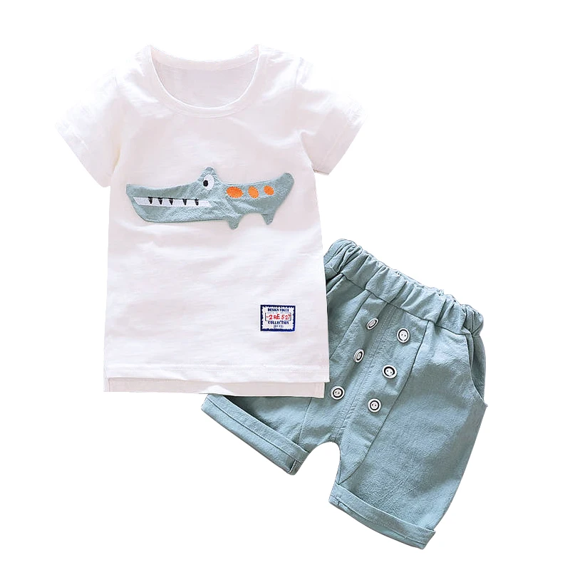 

Комплект из 2 предметов с объемной вышивкой динозавра для маленьких мальчиков, новая летняя хлопковая футболка с короткими рукавами + штаны ...