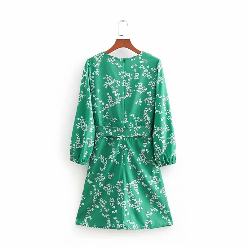 Женское модное кимоно с v образным вырезом и цветочным принтом бантом зеленое