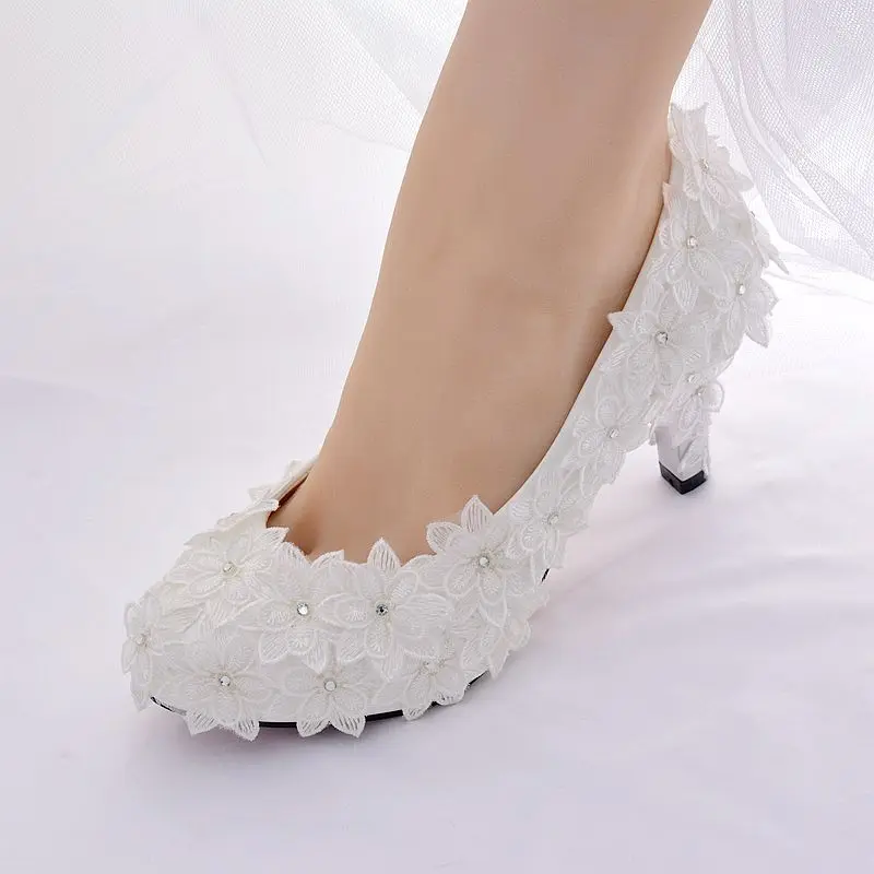 

5cm/8cm med high heel white lace flower wedding shoes bride fairy sweet HS389 ladies bridal brides parties proms pageant pump