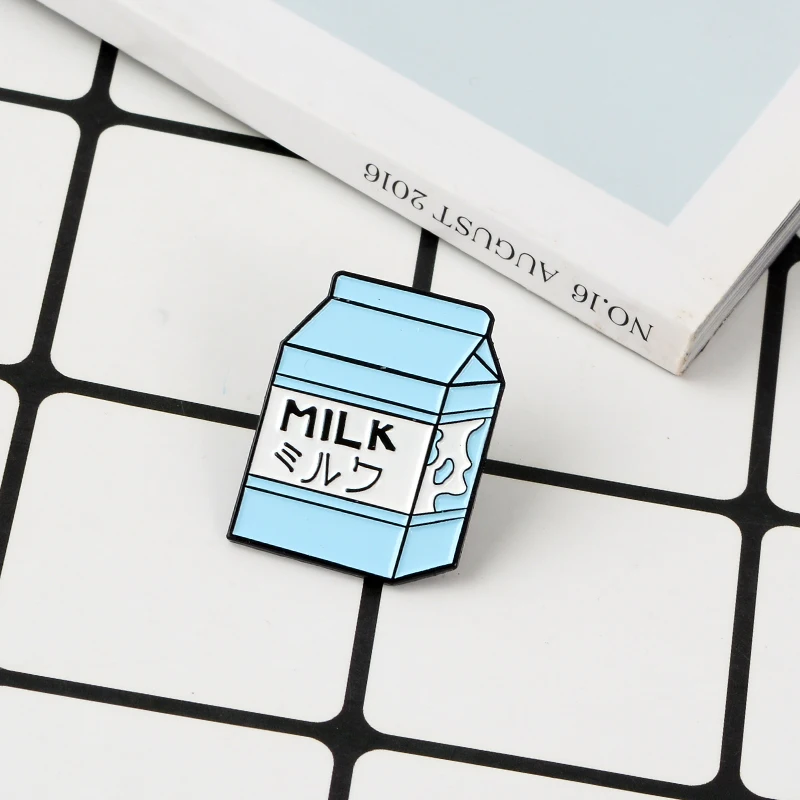 

Milk box Enamel Pin Blue Japanese Milk Carton Brooches Metal Brooch Fashion Milk carton Pins Badge Gift for Women Men Children