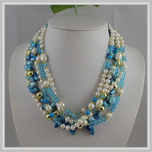 Miglior Unico Perle Gioielli Negozio, 5 Righe Blu Di Cristallo Reale Collana Di Perle D'acqua Dolce, Affascinante Monili Del Regalo Delle Donne