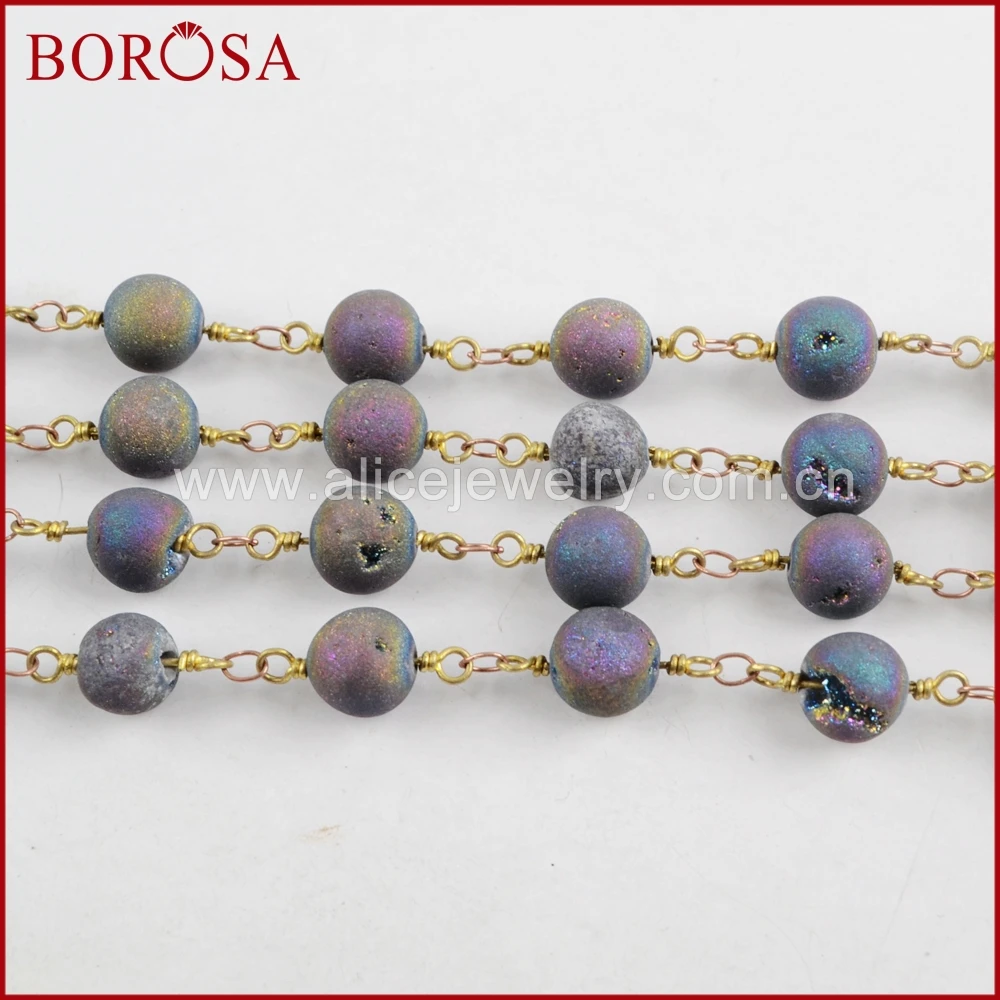 BOROSA New Arrival 8mm Round Rainbow Agates Titanium Druzy Beaded Chains Brass Chain for Necklace Drusy Jewelry Making JT202 | Украшения и