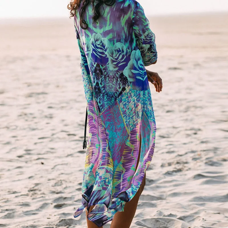 NAIDEY 2019 Summer Printed Bikini Cover Up Loose Split Beach Cardigan Women Long Chiffon Beachwear Pareo Kaftan Robe de Plage |