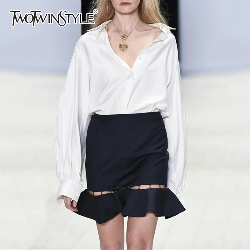 TWOTWINSTYL Mermaid Skirt Suits Women V Neck Long Sleeve Basic White Shirt With High Waist Hollow Out Patchwork Mini Skirts OL | Женская