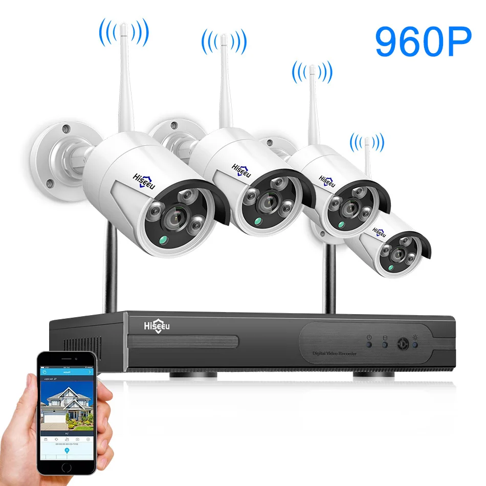 Черный Hiseeu 4CH Беспроводной NVR комплект P2P 1080 P/960 P ИК Домашняя безопасность Водонепроницаемая уличная камера видеонаблюдения wifi система видеонаблюдения комплект - Цвет: Черный