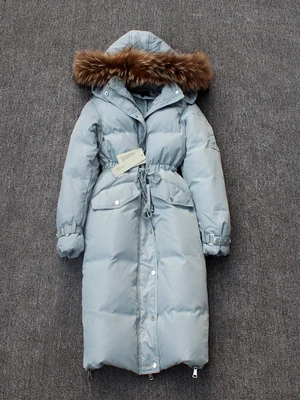 blue brown fur Зимнее модное женское пальто на утином пуху, длинные дизайнерские куртки выше колена с воротником из меха енота, розовый, синий, черный, серый, xxl 2xl - Цвет: blue brown fur