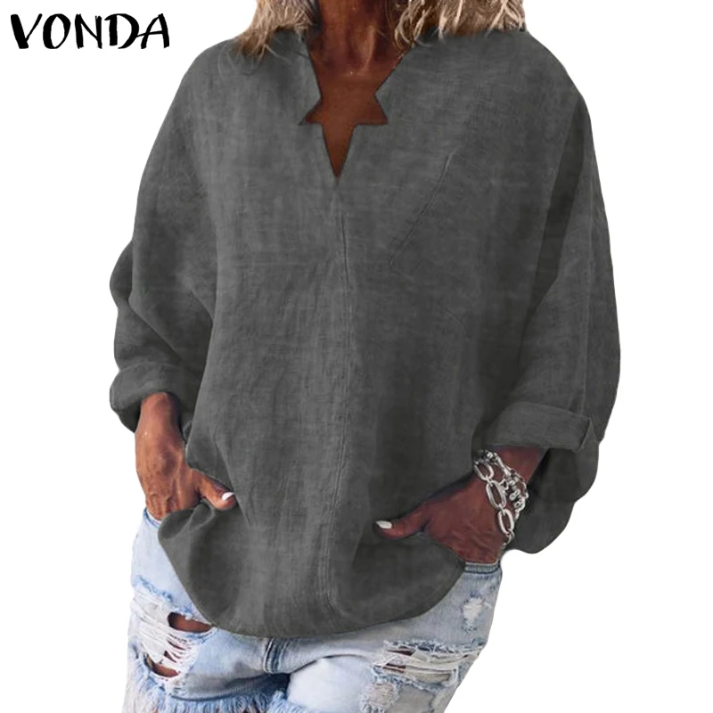 VONDA, 6 цветов, Женская винтажная блуза, Повседневная рубашка,, осень, длинный рукав, v-образный вырез, топы, OL Blusas, Пляжная Женская Туника размера плюс