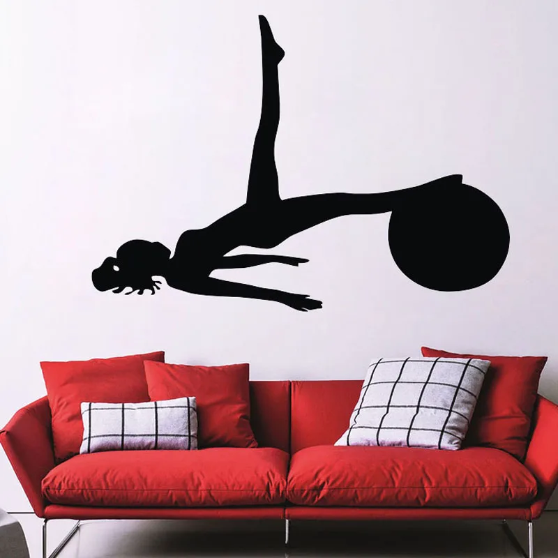 

Women With A Ball Pilates Wall Sticker Yoga Sports Gym Wall Decals Art Removable Home Decor Silhouette Vinyl Adhesive Stickers