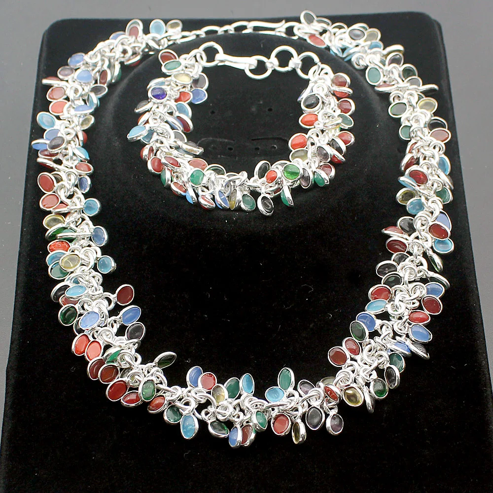 Hermosa multi драгоценные камни Великолепный красный коралл черный оникс перидот 925