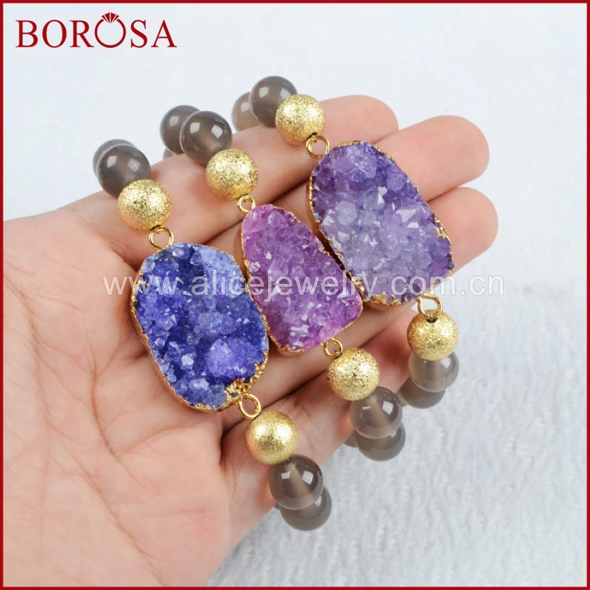 BOROSA натуральный кристалл Druzy браслеты золотой цвет фиолетовый Друза браслет из