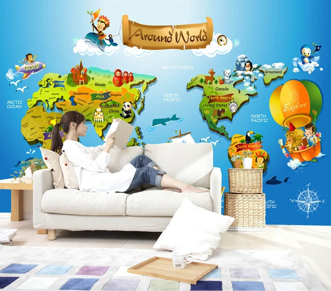 Пользовательские papel де parede infantil 3 d мультфильм карта фрески для мальчиков и
