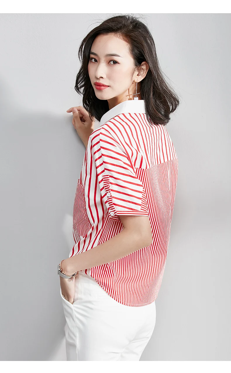 Vimly Women Striped Blouse Shirt Casual Summer Red Blouse Shirts Cotton Office Tops Street Wear High Street Style Button Pocket